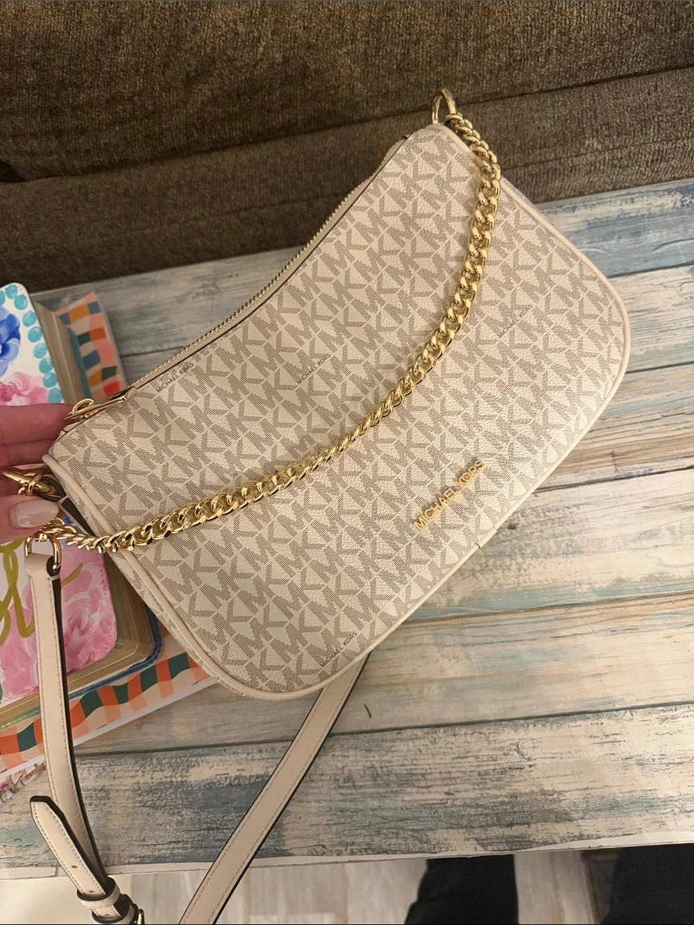 Michael Kors Cream Logo Crossbody with Gold Chain